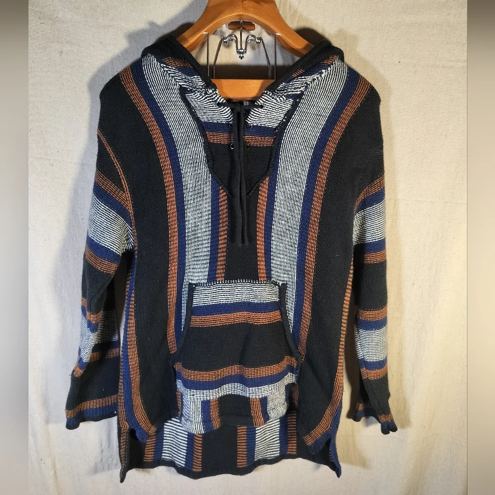 Forever 21 Pullover Hooded hobo Sweatshirt Striped poncho size medium unisex - Picture 1 of 6